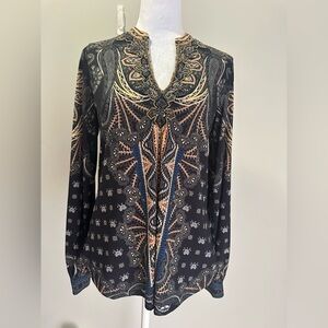 Hale Bob Beaded Embellished Bohemian Tunic Top Paisley Size Small